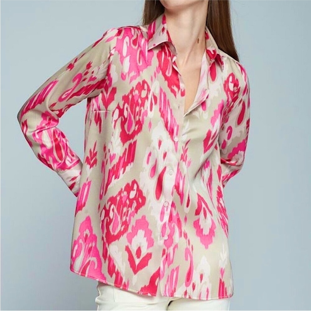 Vilagallo Rosa Fresa Ikat Print Tunic Button Down Shirt Pink Tan EU 48